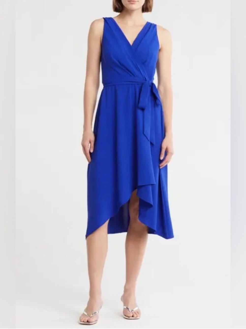 DKNY NWT Cobalt Blue Faux Wrap High Low Dress Tie Waist Sleeveless Size 4